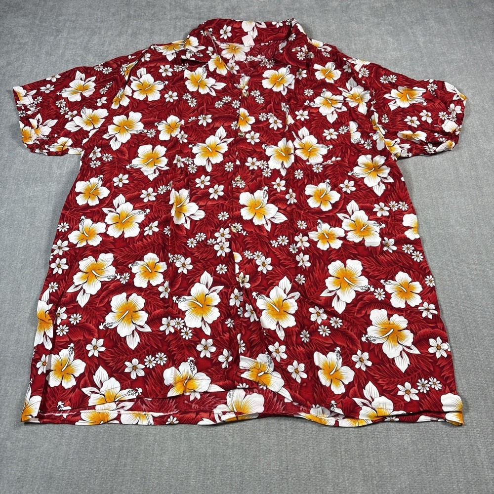 Rayon Shirt Mens Large Red Floral Short Sleeve Hawaiian Button Up Standard Size